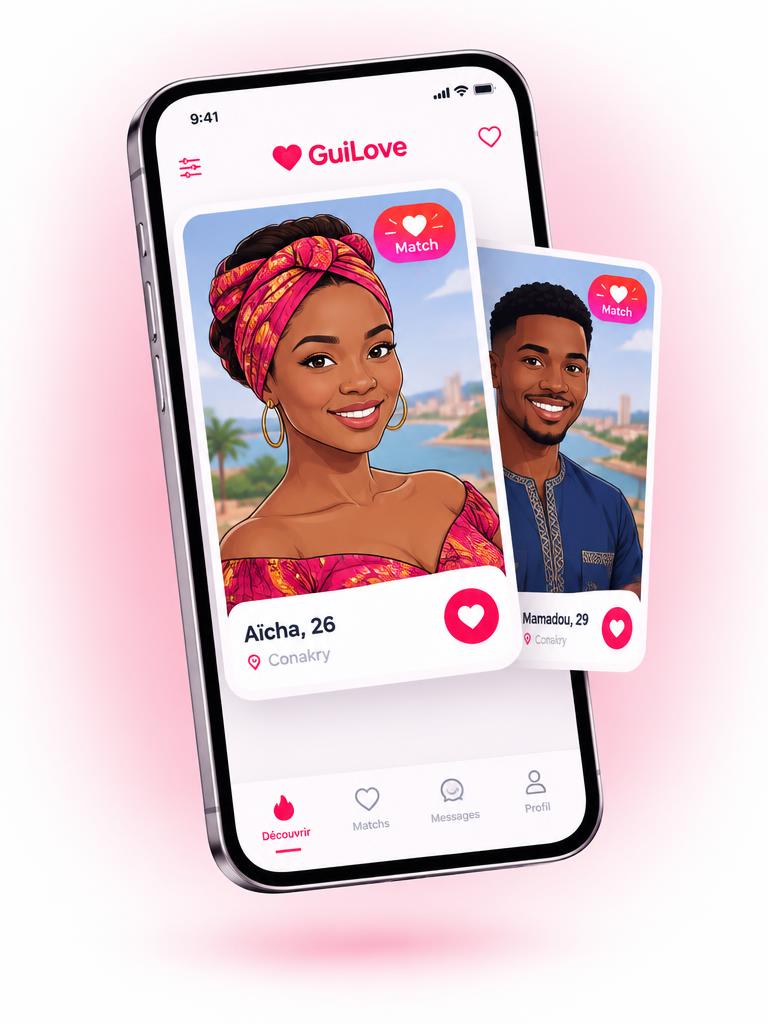 Aperçu de l’application GuiLove : écran Découvrir avec des profils fictifs