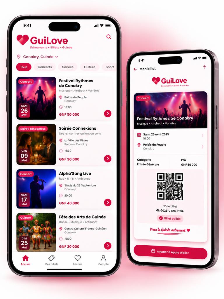 Aperçu de l’application GuiLove : événements en Guinée et billet avec QR code (données fictives)